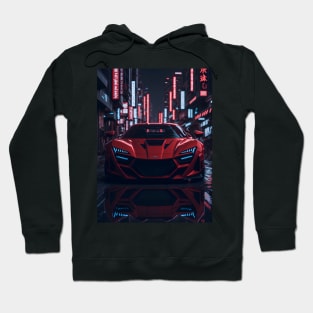 Dark Red Sports Car in Japanese Neon City Hoodie